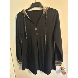 Lotusmile Hooded Tunic Hoodie Plaid Trim Long Sleeve Casual Black Woman Medium